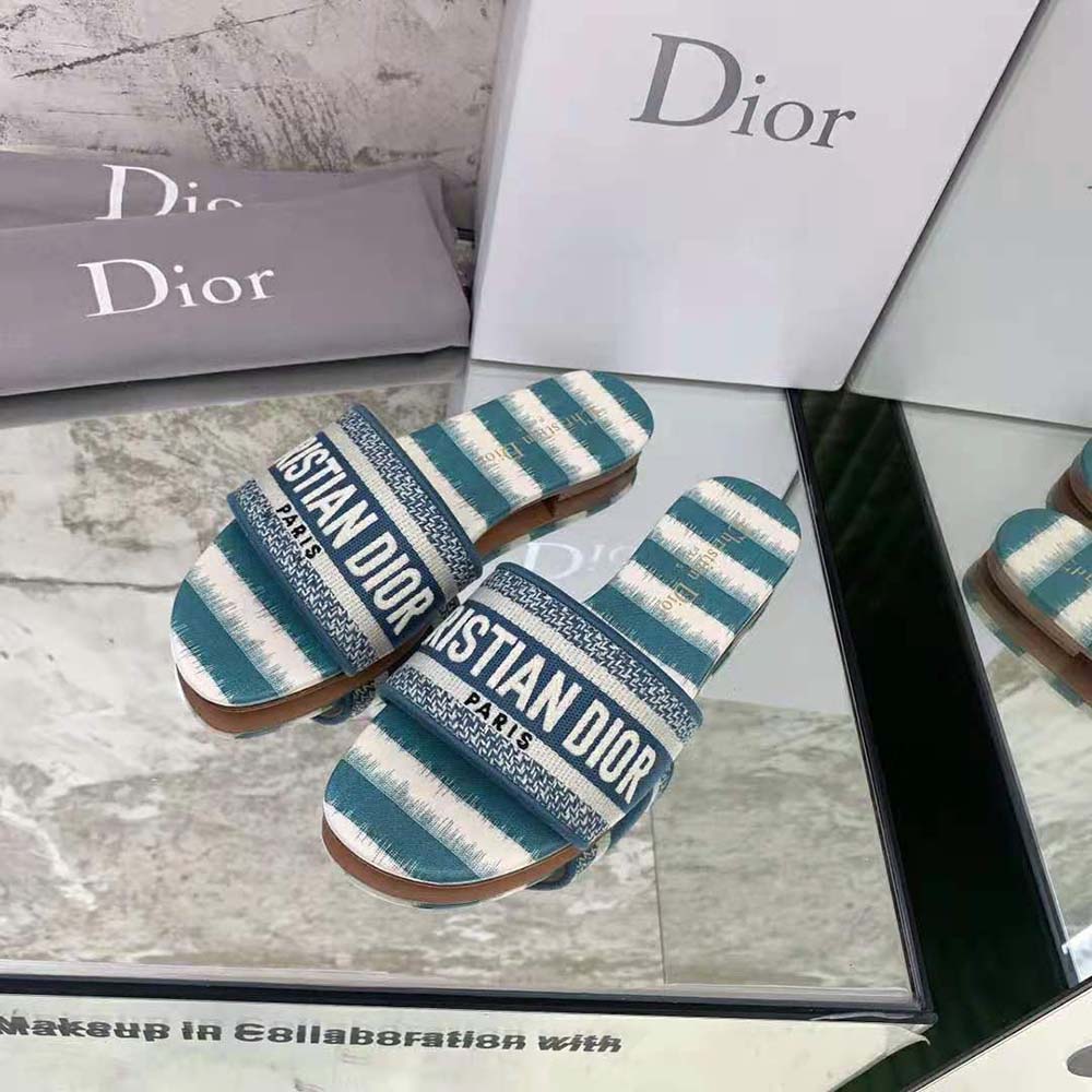 Dior Women Dway Slide Deep Ocean Blue D-Stripes Embroidered Cotton - image 4