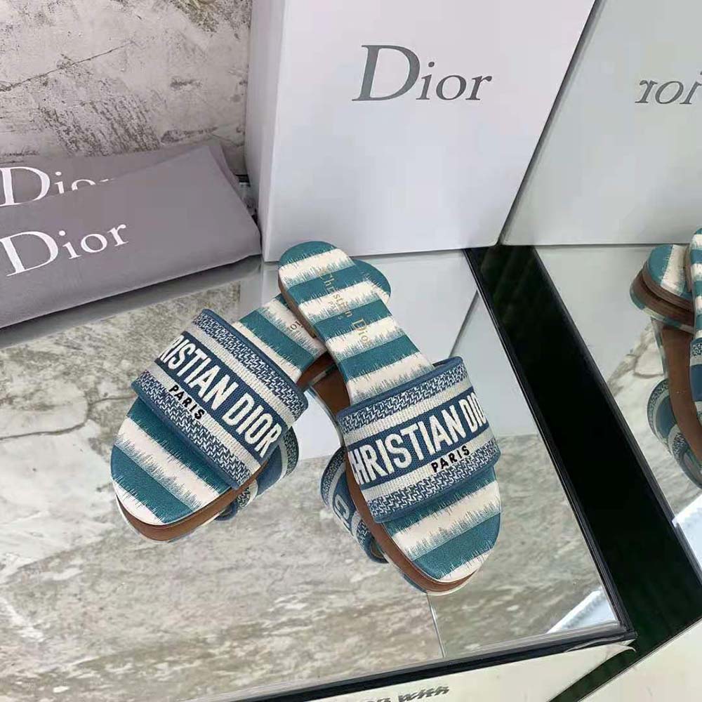 Dior Women Dway Slide Deep Ocean Blue D-Stripes Embroidered Cotton - image 5