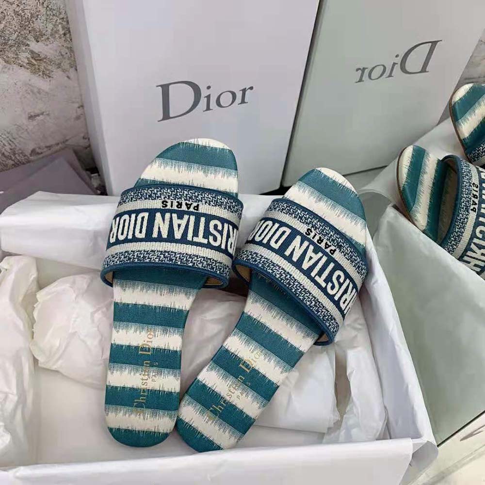 Dior Women Dway Slide Deep Ocean Blue D-Stripes Embroidered Cotton - image 6