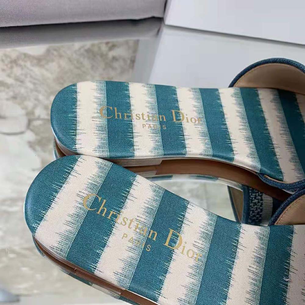 Dior Women Dway Slide Deep Ocean Blue D-Stripes Embroidered Cotton - image 7
