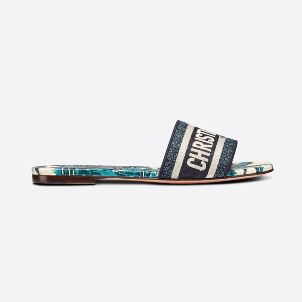 Side view of Dior Women Dway Slide Indigo Blue Dior Palms Embroidered Cotton