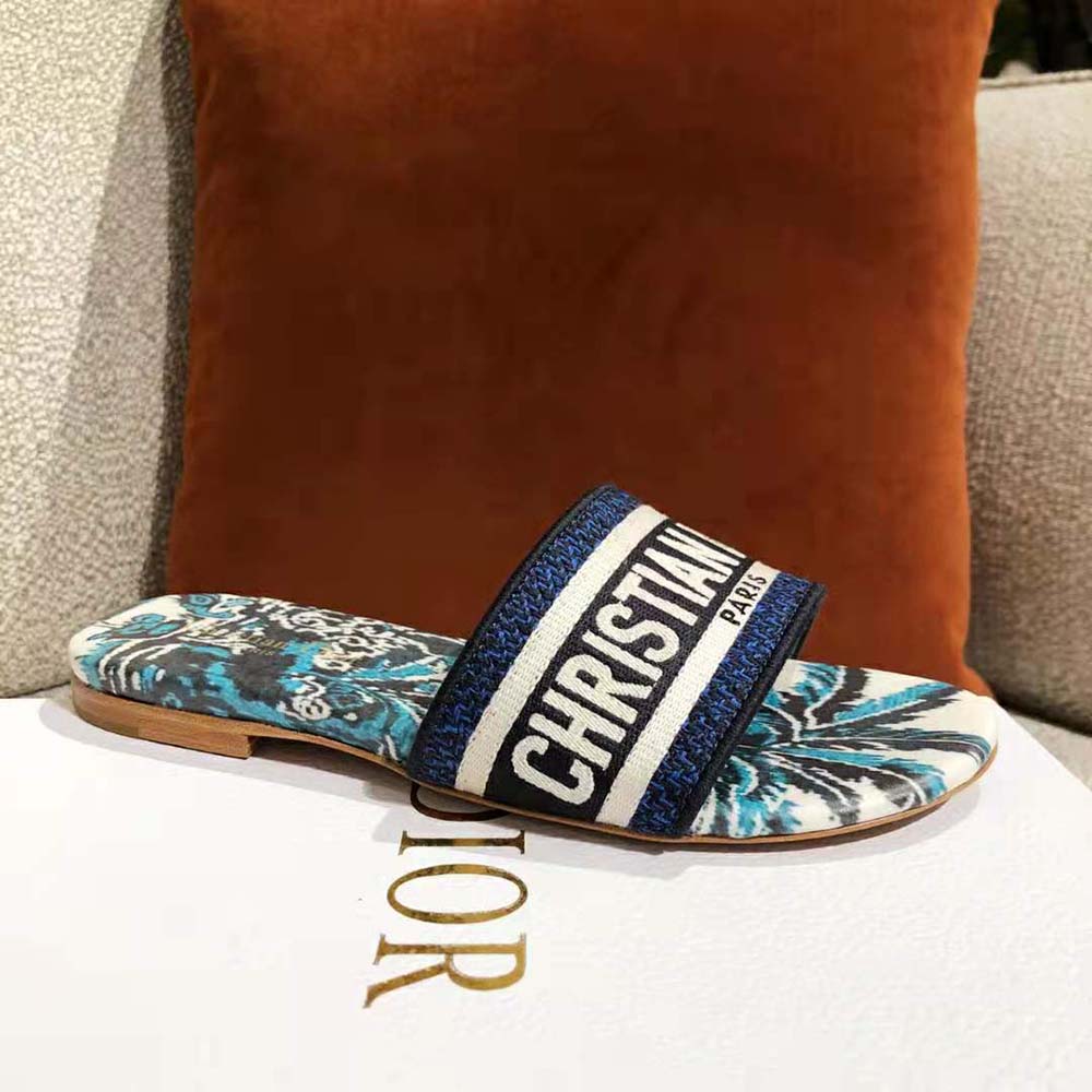 Dior Women Dway Slide Indigo Blue Dior Palms Embroidered Cotton - image 10