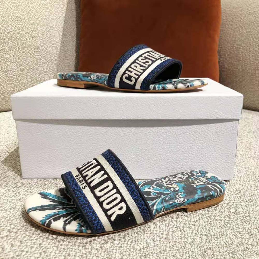 Dior Women Dway Slide Indigo Blue Dior Palms Embroidered Cotton - image 9