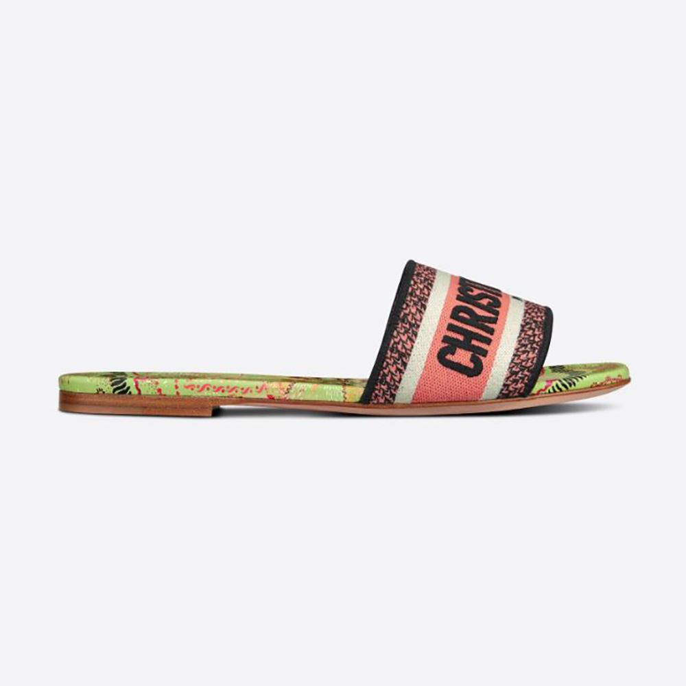 Front angle of Dior Women Dway Slide Multicolor Embroidered Cotton-Aqua