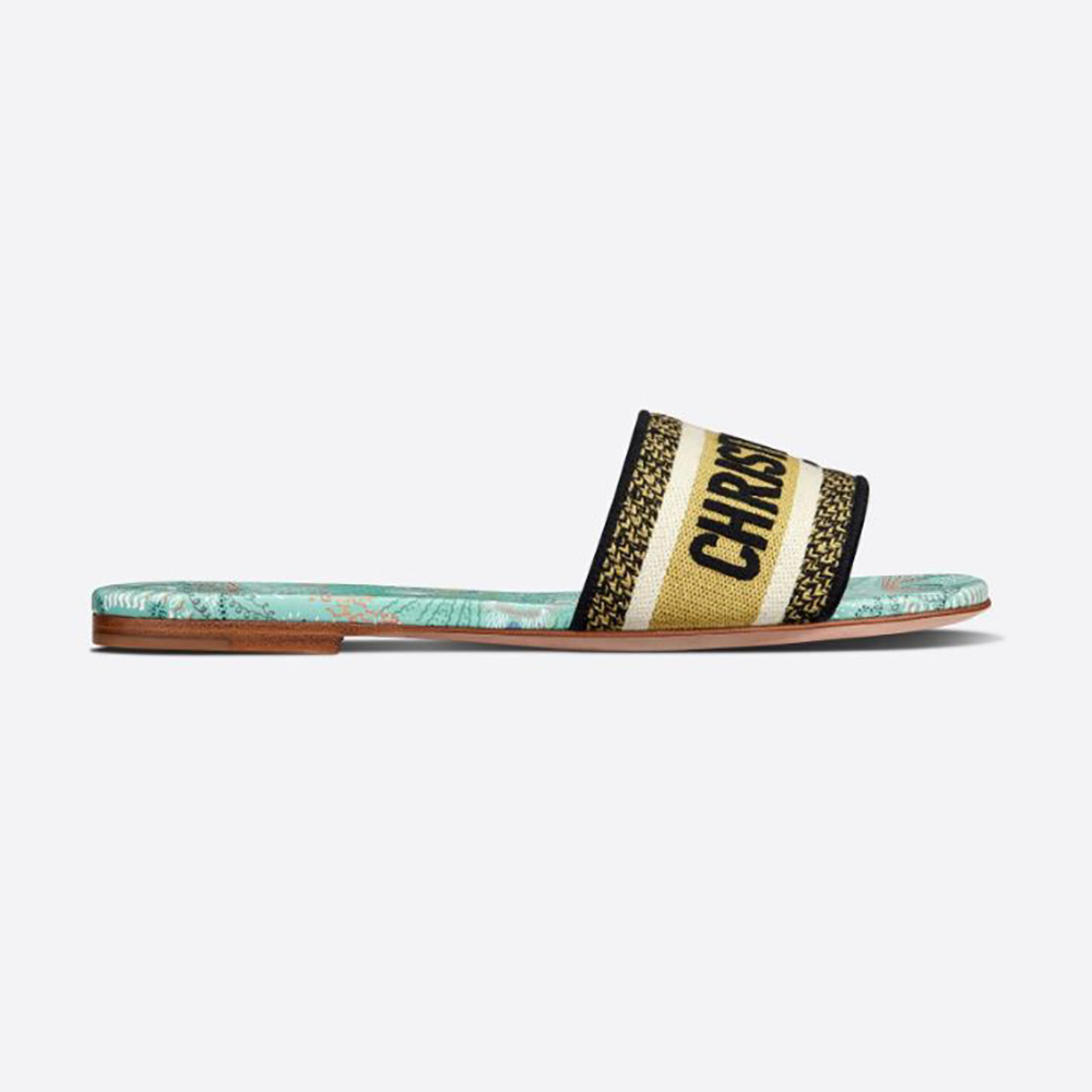 Side view of Dior Women Dway Slide Multicolor Embroidered Cotton-Blue showing embroidery