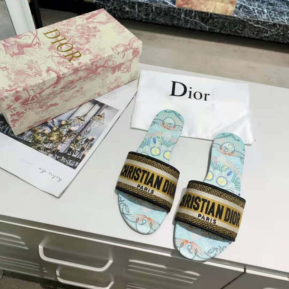 Dior Women Dway Slide Multicolor Embroidered Cotton-Blue - image 6
