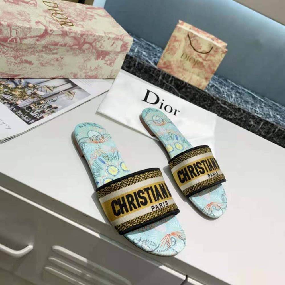 Top angle of Dior Women Dway Slide Multicolor Embroidered Cotton-Blue flat sole