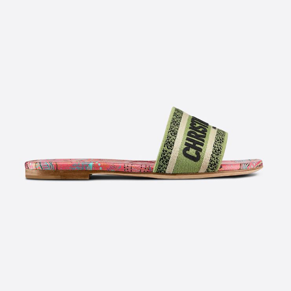 Side view of Dior Women Dway Slide Multicolor Embroidered Cotton-Pink