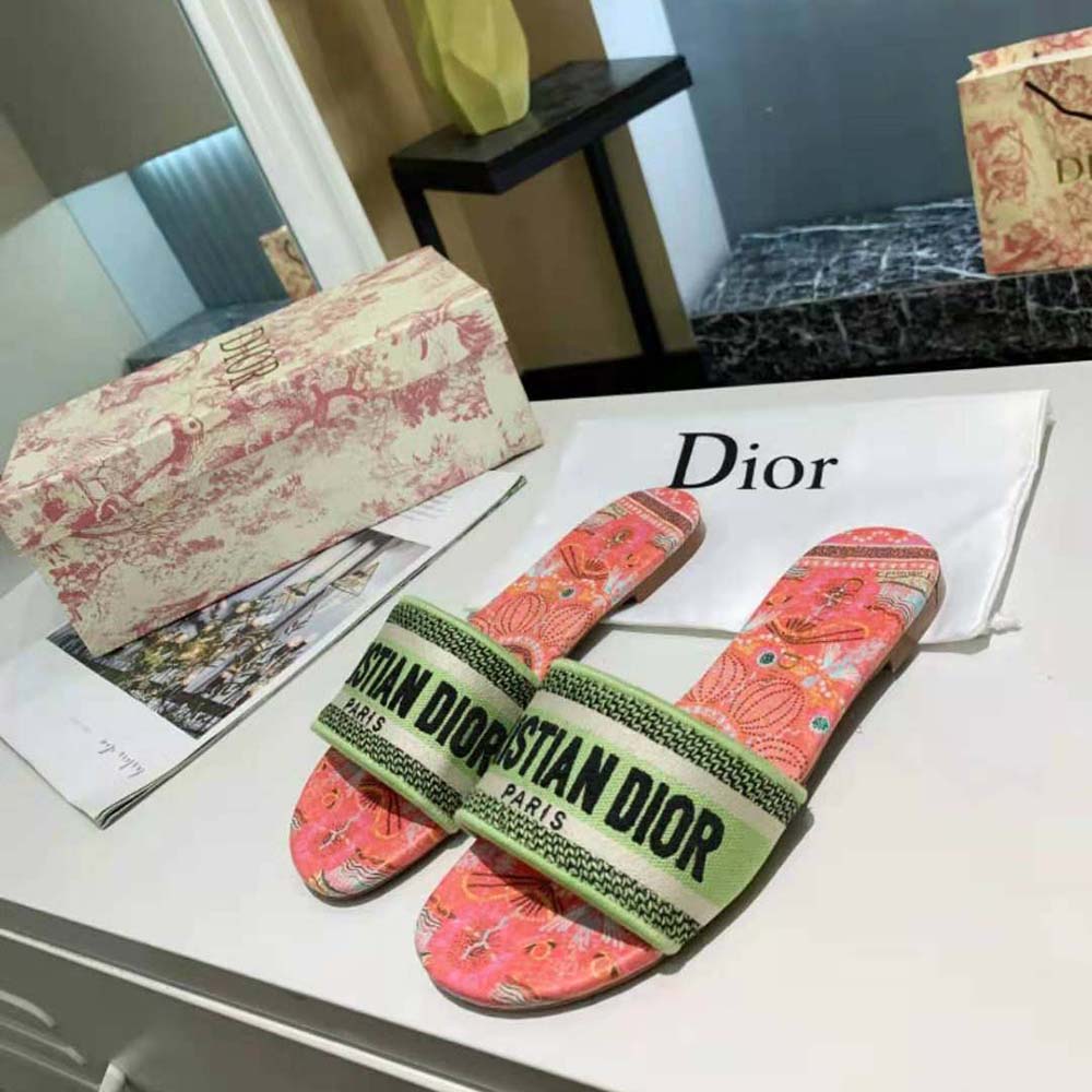 Dior Women Dway Slide Multicolor Embroidered Cotton-Pink - image 5