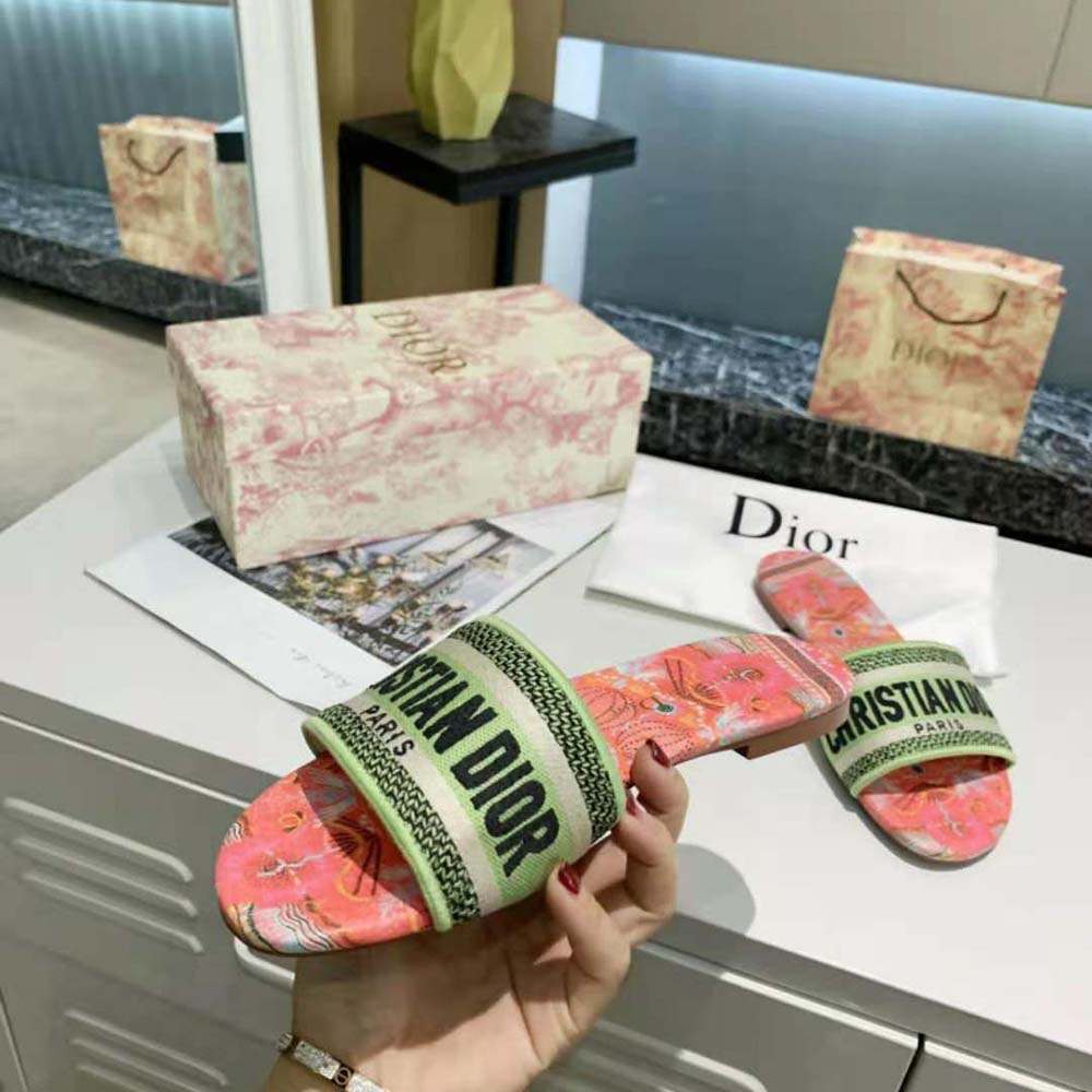 Dior Women Dway Slide Multicolor Embroidered Cotton-Pink - image 4