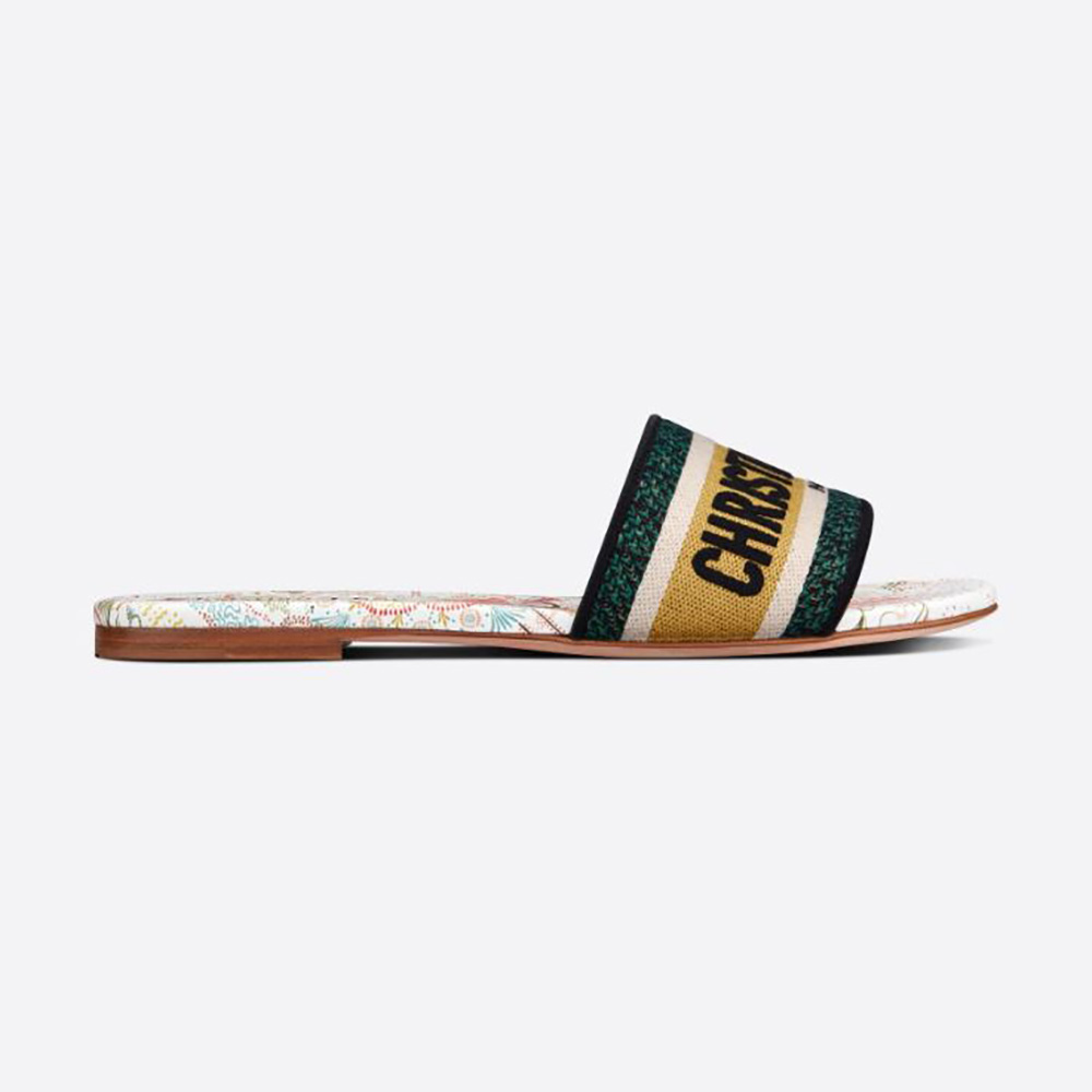 Front angle of Dior Women Dway Slide Multicolor Embroidered Cotton-White