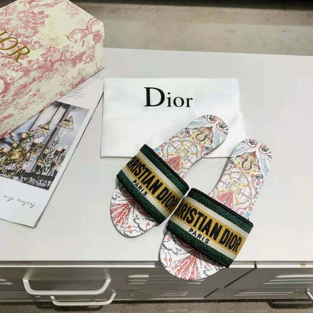 Dior Women Dway Slide Multicolor Embroidered Cotton-White - image 4