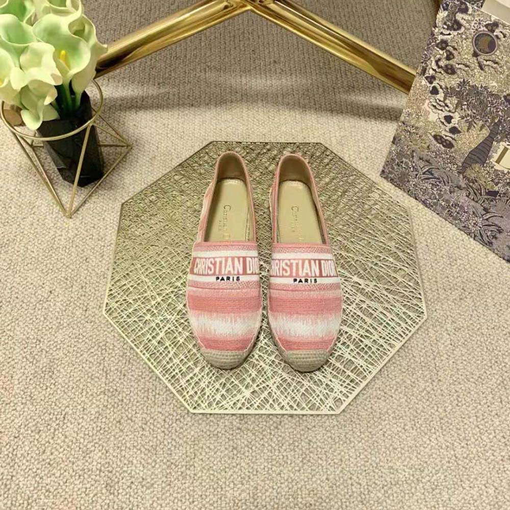 Close-up of pink embroidered cotton and D-stripes on Dior Granville espadrille