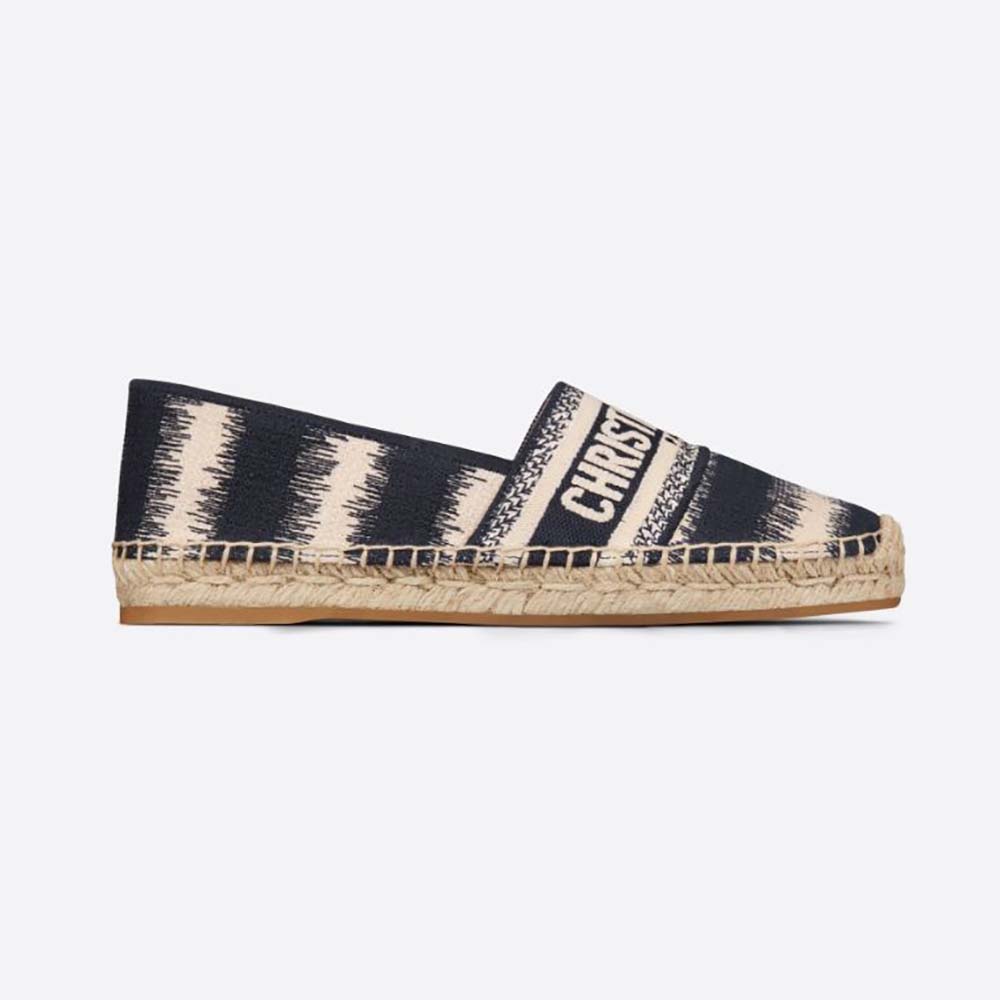 Side view of Dior Women Granville Eespadrille Deep Blue D-Stripes Embroidered Cotton loafer