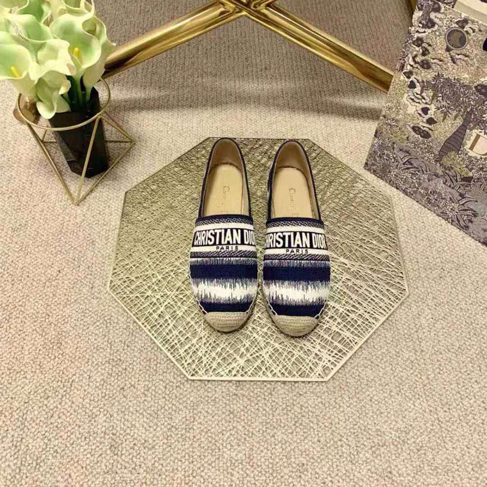 Close-up of embroidered D-stripes on Dior Women Granville espadrille upper