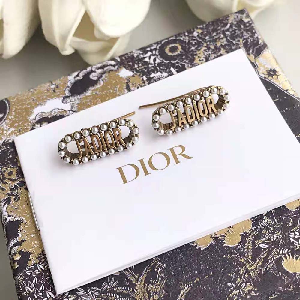 Dior Women J Adior Earrings Antique Gold-Finish Metal and White Resin Pearls - image 8