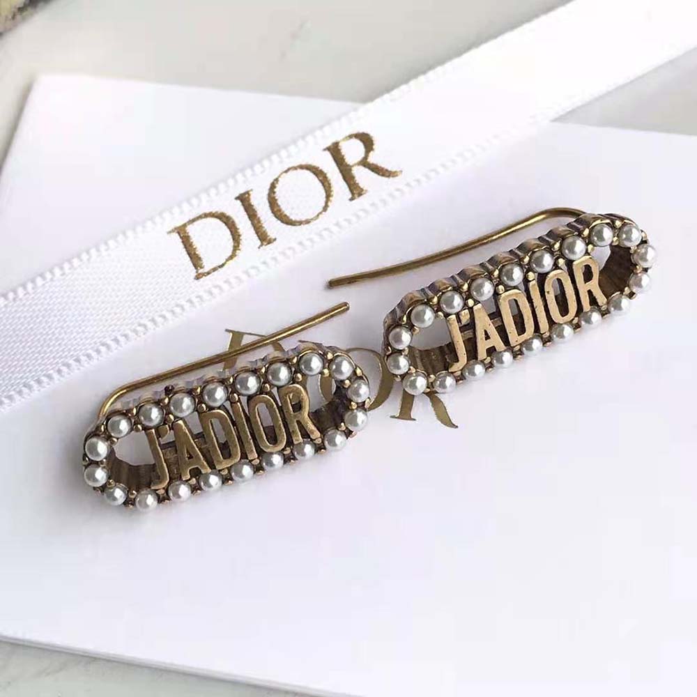 Dior Women J Adior Earrings Antique Gold-Finish Metal and White Resin Pearls - image 9
