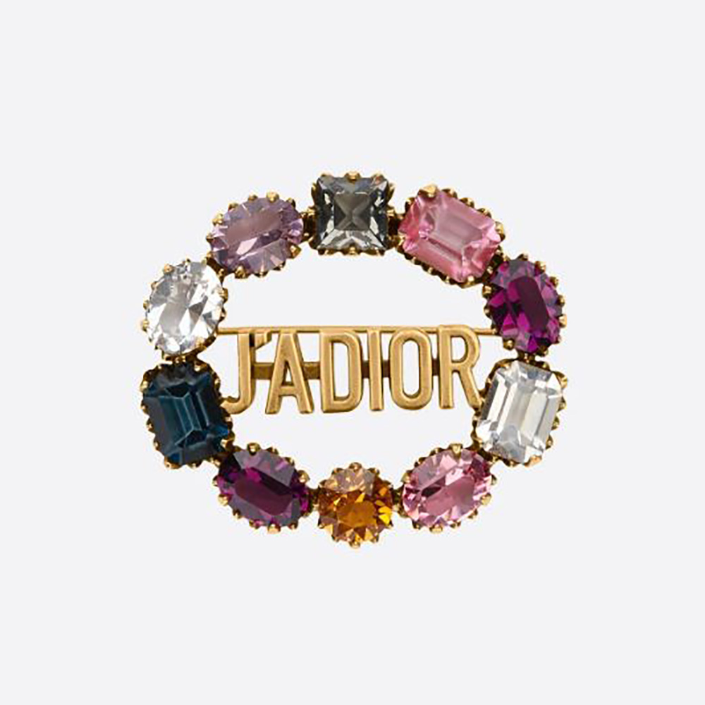 Close-up of Dior Women J’Adior Brooch showing multicolor crystals detail