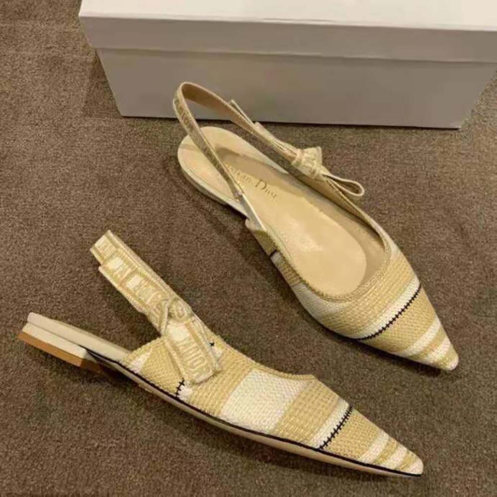 Top angle showing tie closure on Dior Women J’adior Ballerina Flat Beige