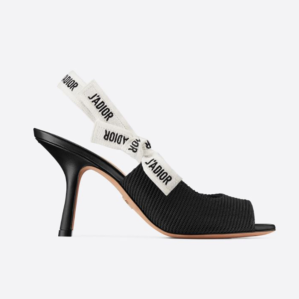 Side profile of Dior Women J’adior Heeled Sandal Black Technical Fabric 8.5cm heel