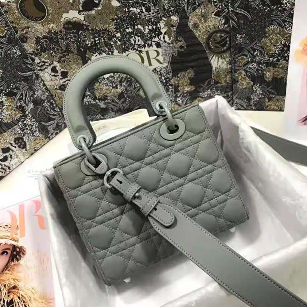 Side angle showing silver-tone hardware on Dior Women Lady Dior my Abcdior Bag Gray Ultramatte Cannage Calfskin