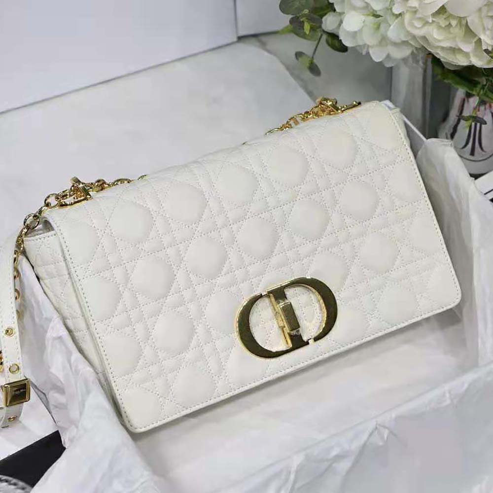 Close-up of silver-tone hardware and Cannage quilting on Dior Caro Bag