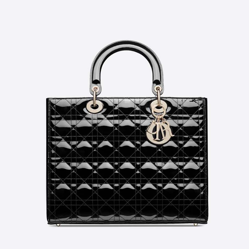 Front view of Dior Women Large Lady Dior Bag Black Patent Cannage Calfskin