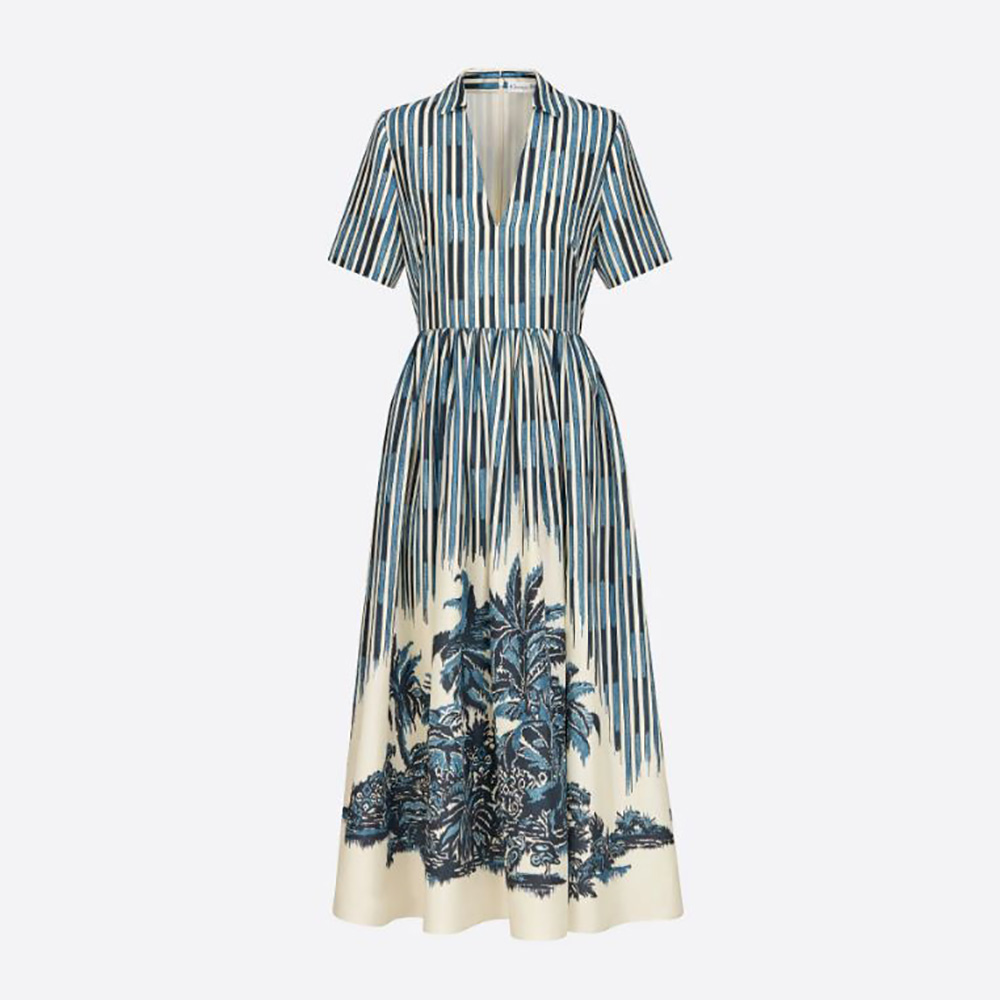 Front view of Dior Women Long Dress Blue and White Silk Canvas with Dior Palms Motif