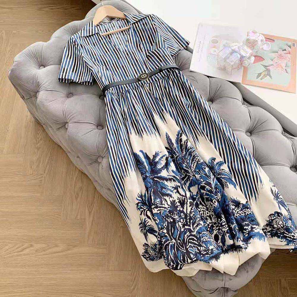 Dior Women Long Dress Blue and White Silk Canvas with Dior Palms Motif - image 4