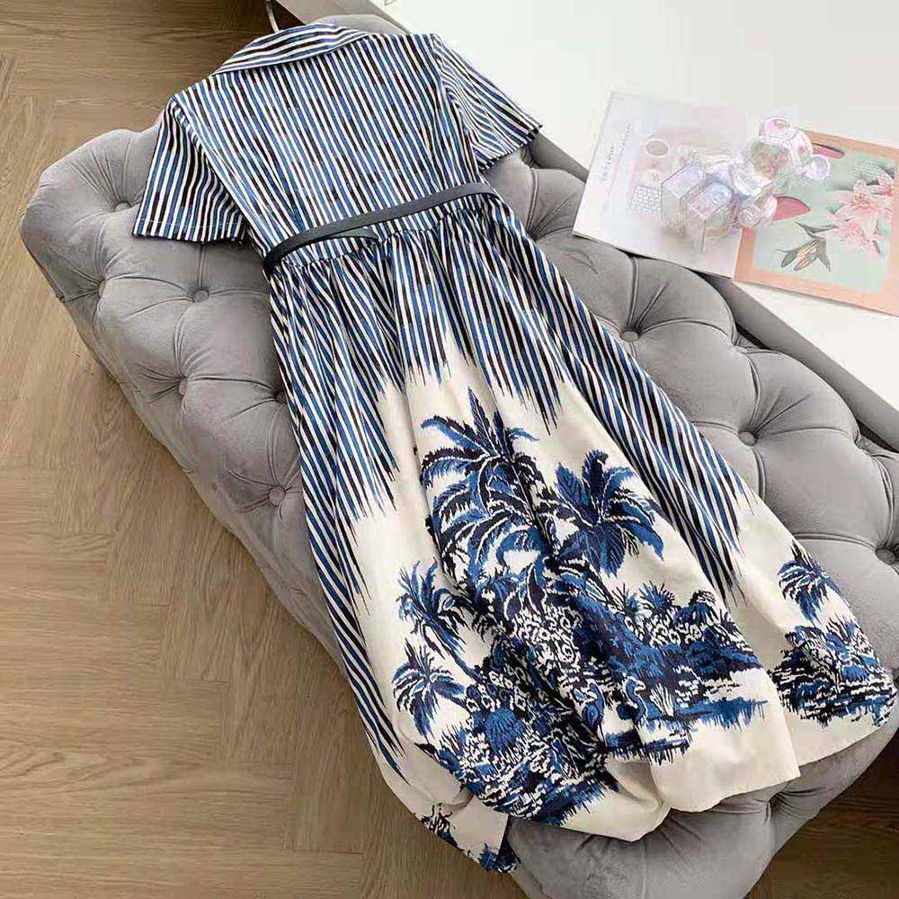 Dior Women Long Dress Blue and White Silk Canvas with Dior Palms Motif - image 5