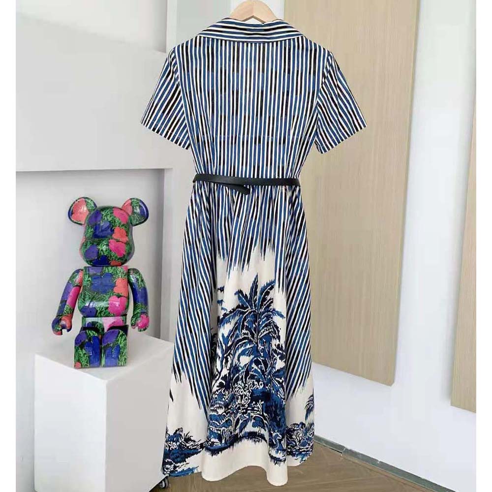 Close-up detail of Dior Palms print on Dior Women Long Dress in blue and white