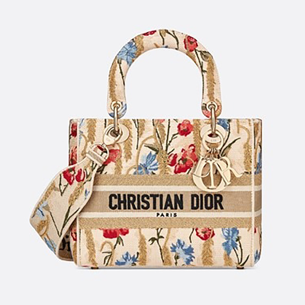Front angle of Dior Women Medium Lady D-lite Bag with floral embroidery