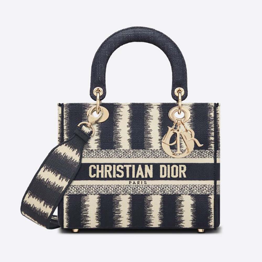 Front angle of Dior Women Medium Lady D-lite Bag Blue D-Stripes Embroidery