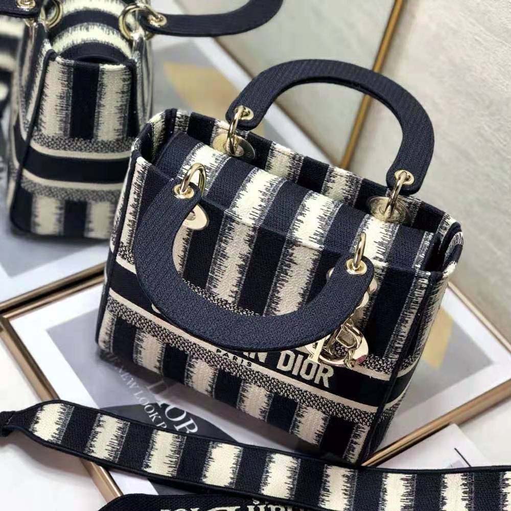 Dior Women Medium Lady D-lite Bag Blue D-Stripes Embroidery - image 5