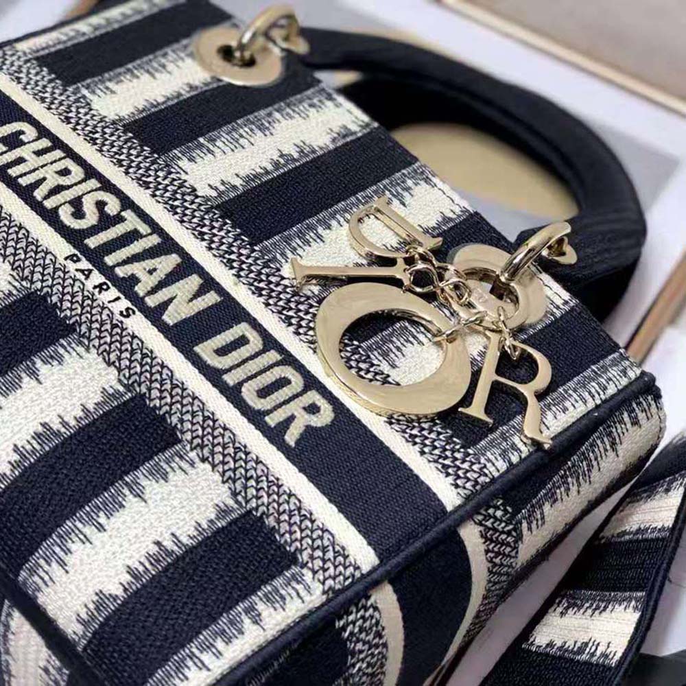 Dior Women Medium Lady D-lite Bag Blue D-Stripes Embroidery - image 10