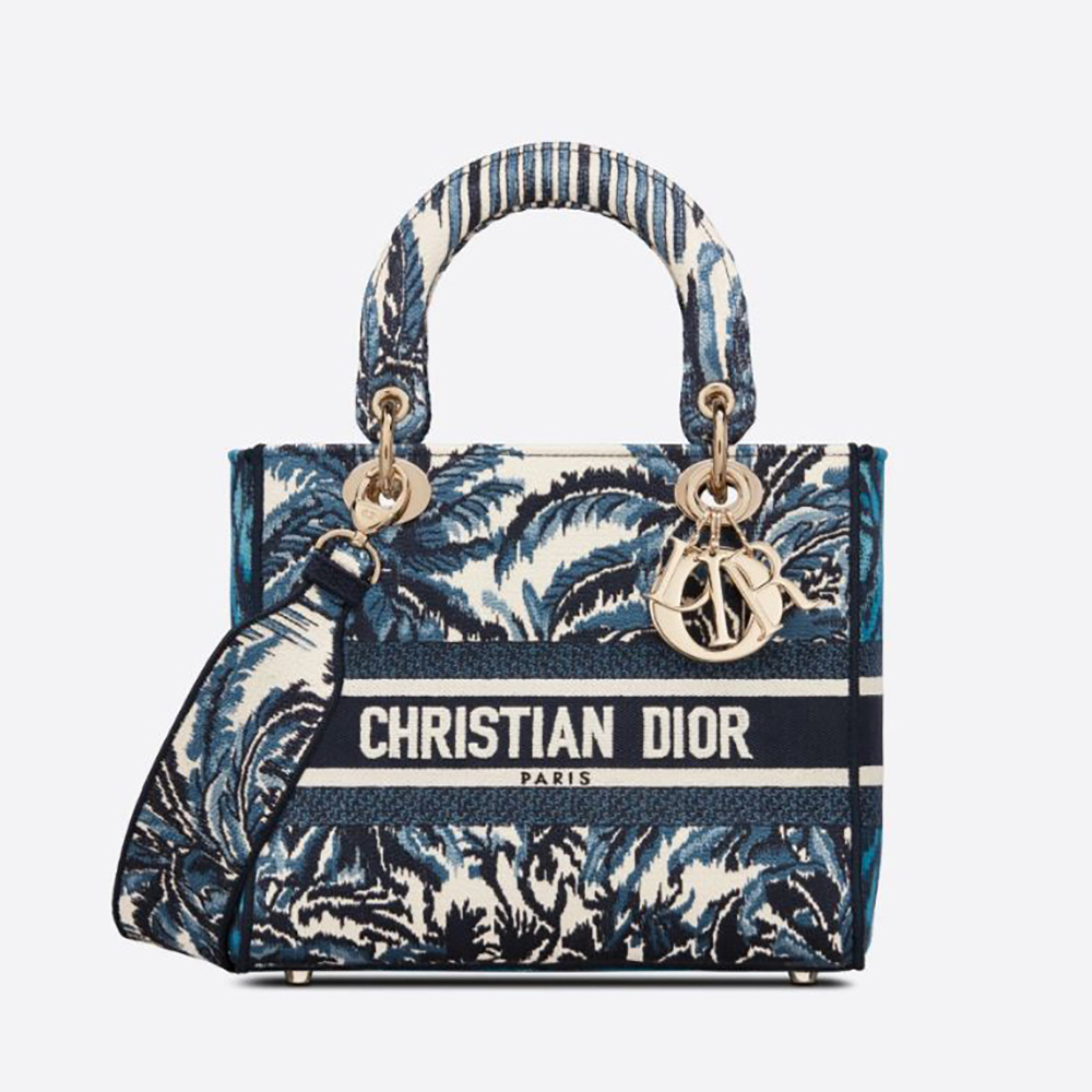 Front view of Dior Women Medium Lady D-lite Bag Blue Dior Palms Embroidery