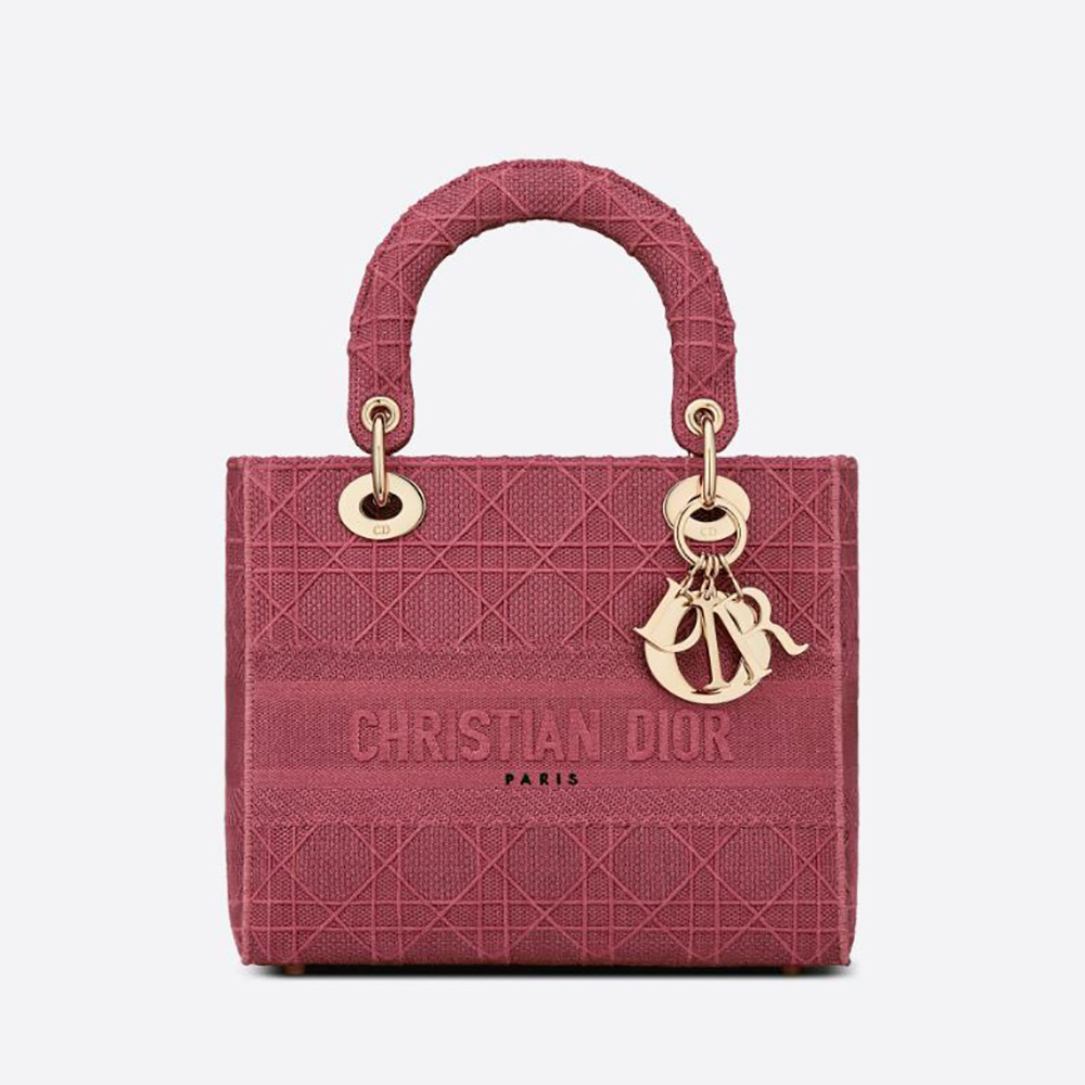 Front view of Dior Women Medium Lady D-lite Bag Mallow Rose Cannage Embroidery