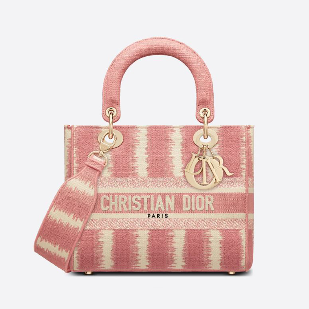 Front view of Dior Women Medium Lady D-lite Bag Pink D-Stripes Embroidery