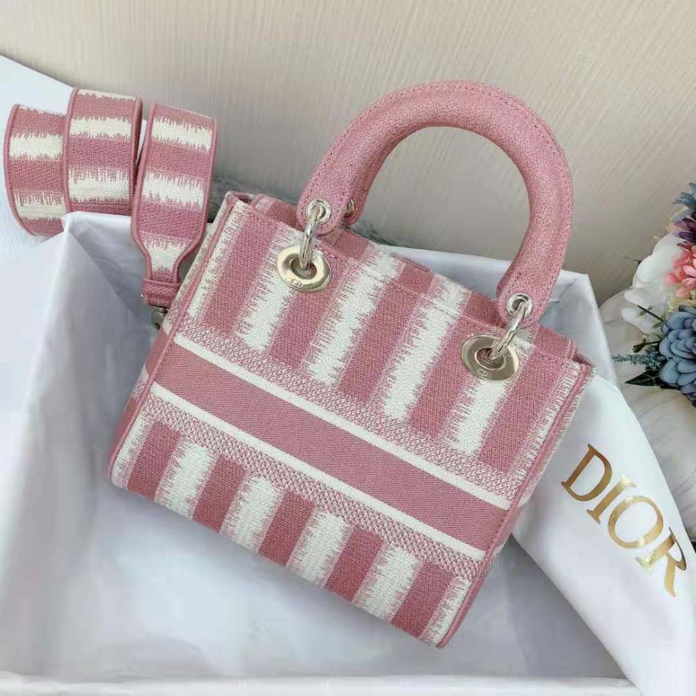 Side angle showcasing silhouette of Dior Women Medium Lady D-lite Bag Pink D-Stripes Embroidery