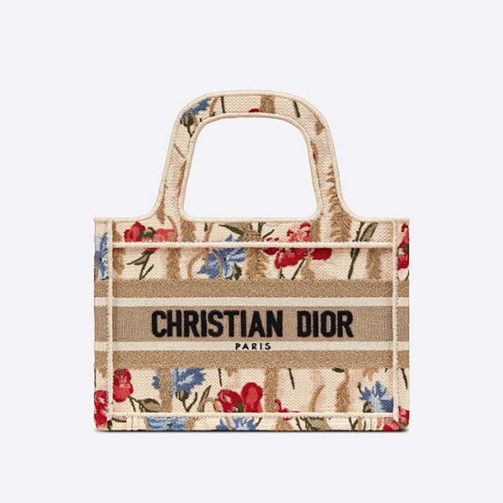 Front view of Dior Women Mini Dior Book Tote Beige Multicolor Dior Hibiscus Embroidery