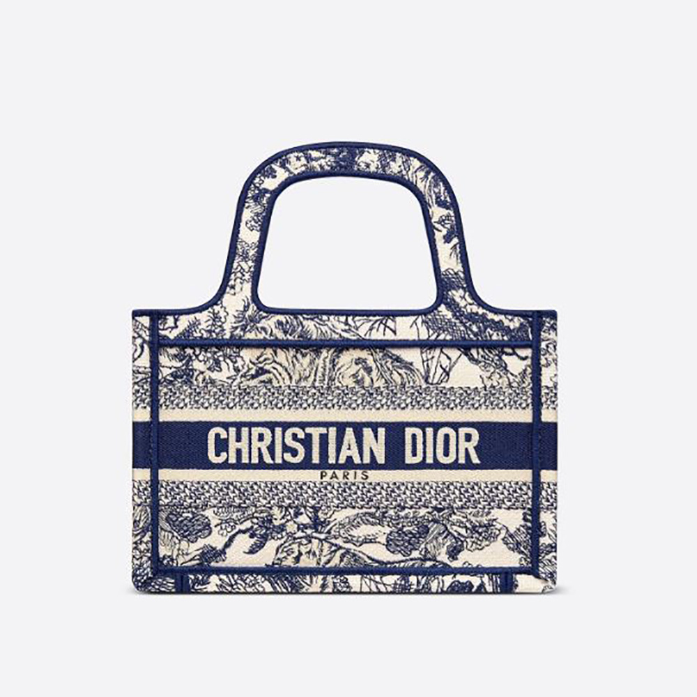 Front view of Dior Women Mini Dior Book Tote Blue Toile de Jouy Embroidery