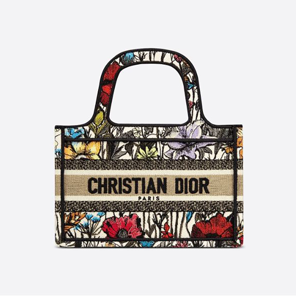 Front view of Dior Women Mini Dior Book Tote Multicolor Mille Fleurs Embroidery