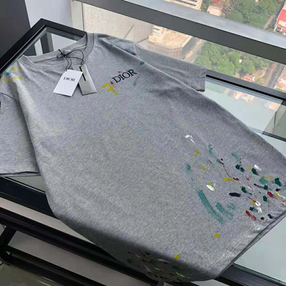 Side angle showing oversized silhouette of Dior Women Oversized Dior T-shirt Gray Cotton Jersey