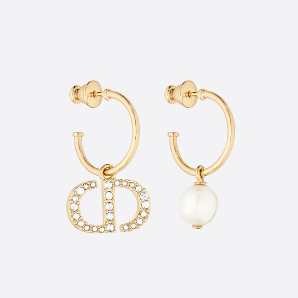 Close-up of Dior Women Petit CD Earrings White Crystals with White Resin Pearl front view