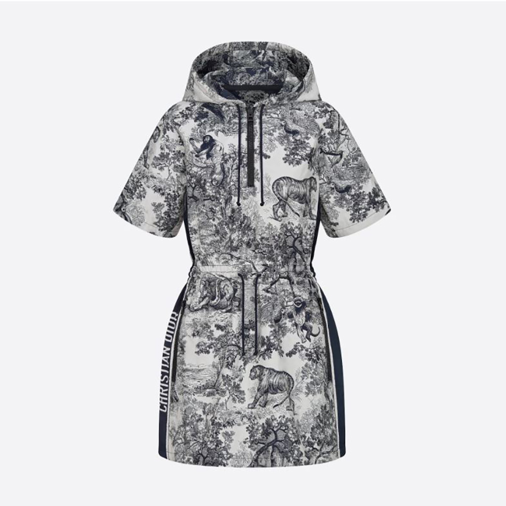 Front view of Dior Women Short Hooded Dress Black and White Technical Taffeta Jacquard