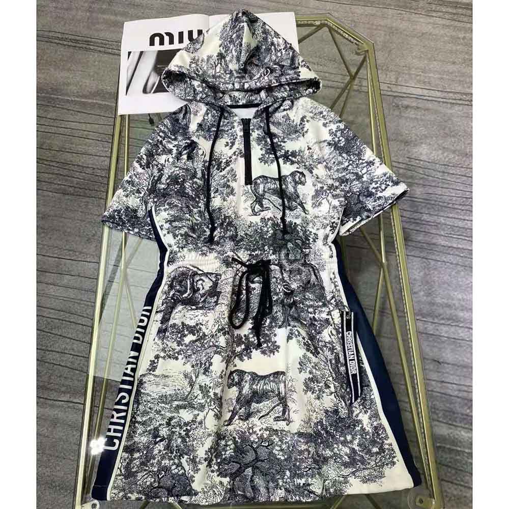 Close-up of textured technical taffeta jacquard on Dior Women Short Hooded Dress