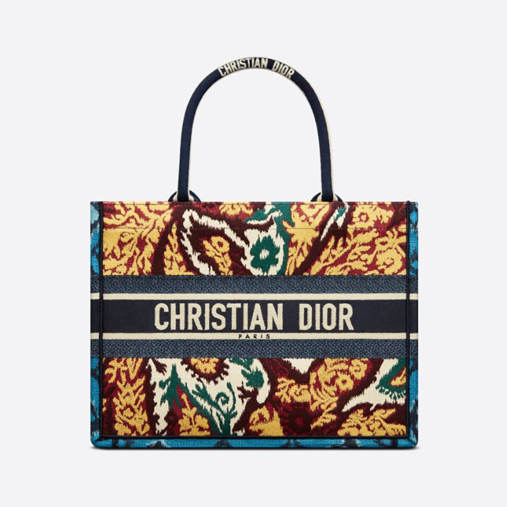 Front view of Dior Women Small Dior Book Tote Blue Multicolor Dior Paisley Embroidery