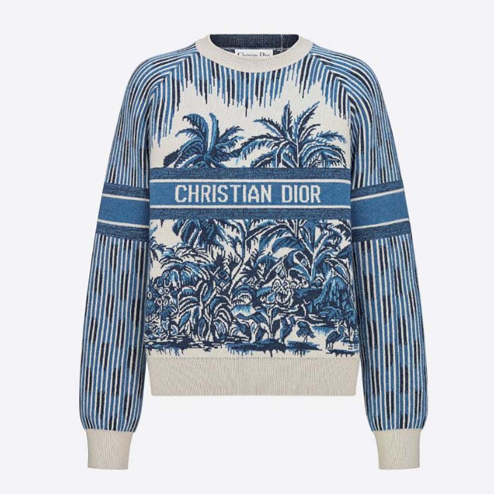 Front view of Dior Women Sweater Navy Blue and White Stretch Cashmere