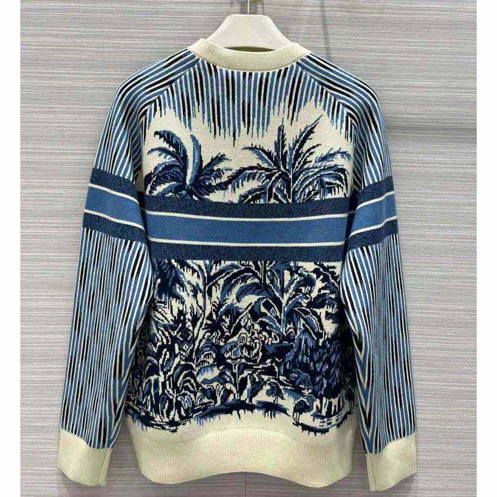 Side angle showing slim fit of Dior Women Sweater Navy Blue and White Stretch Cashmere