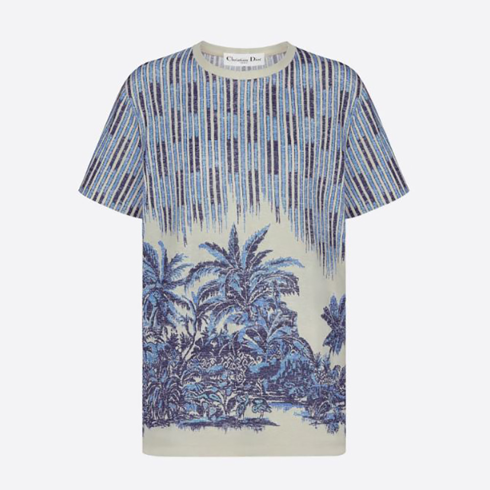 Front view of Dior Women T-shirt Navy Blue and White Cotton Jersey and Linen